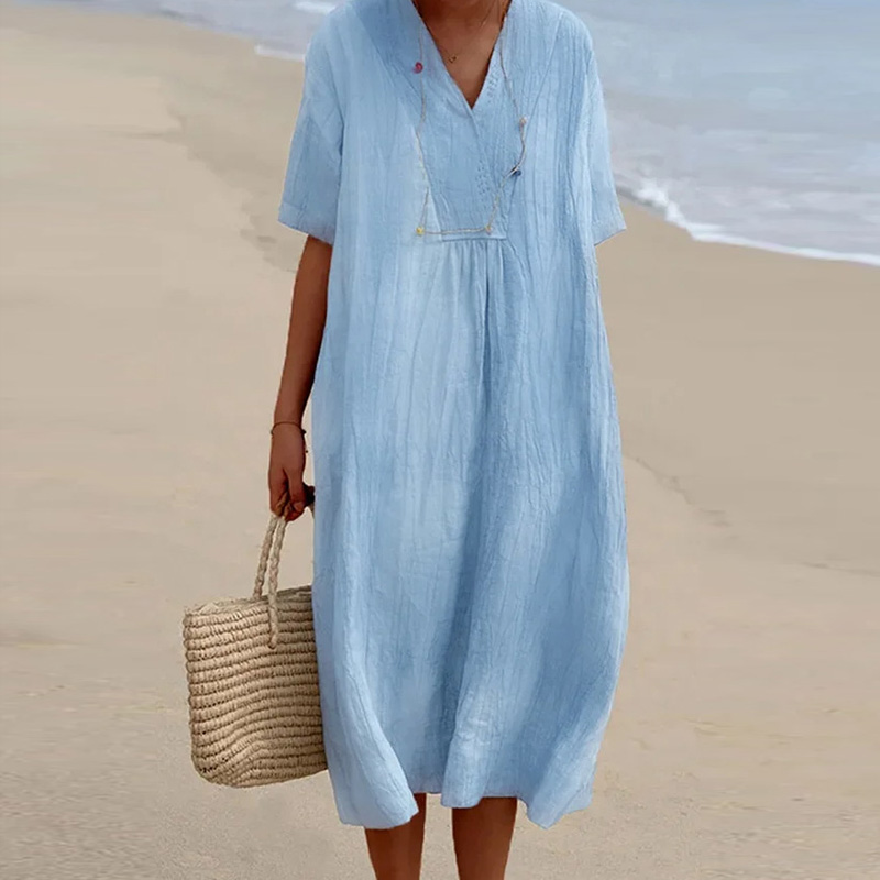 Casual V-neck Short Sleeve Pleated Long Dress Simple Solid Color Loose Women Dress 2023 Summer Beach Cotton Linen Dress Vestidos