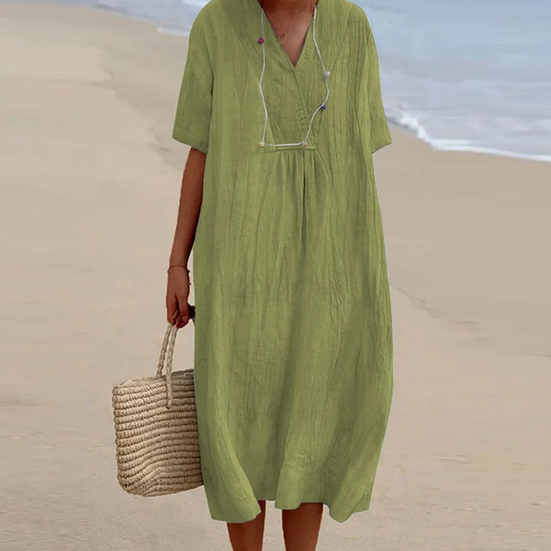 Casual V-neck Short Sleeve Pleated Long Dress Simple Solid Color Loose Women Dress 2023 Summer Beach Cotton Linen Dress Vestidos