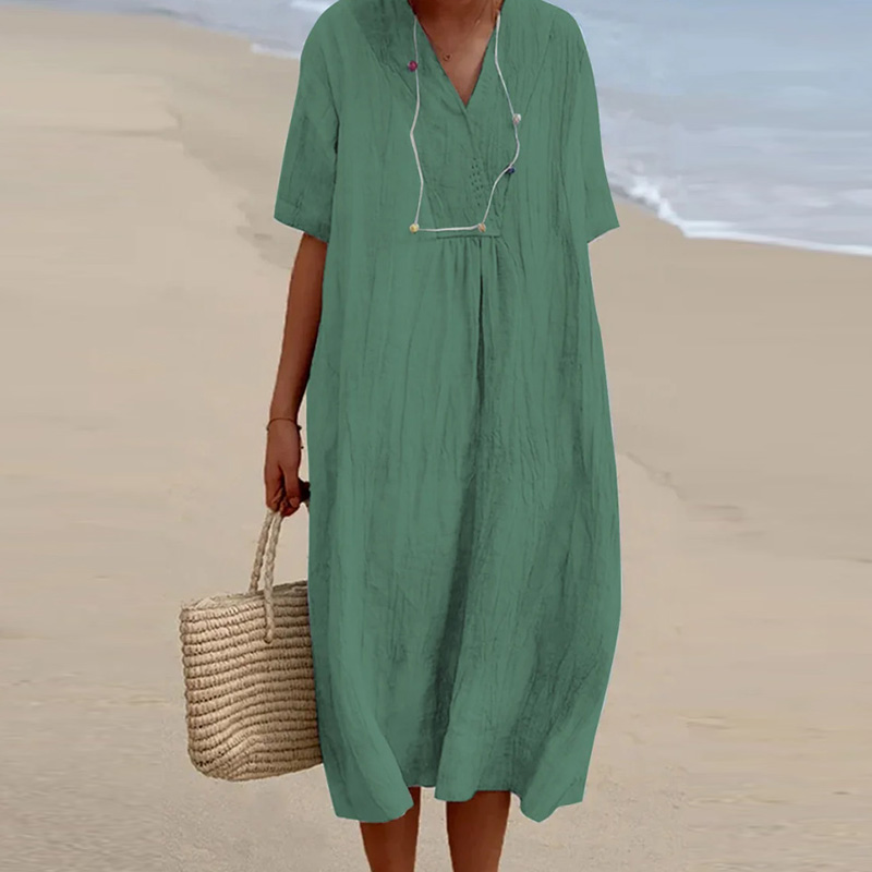 Casual V-neck Short Sleeve Pleated Long Dress Simple Solid Color Loose Women Dress 2023 Summer Beach Cotton Linen Dress Vestidos