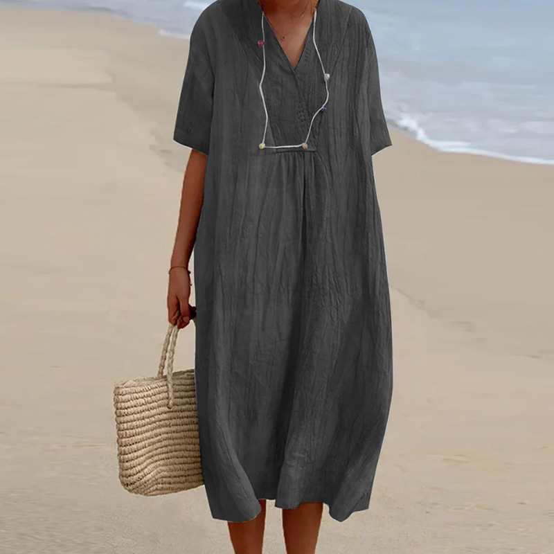 Casual V-neck Short Sleeve Pleated Long Dress Simple Solid Color Loose Women Dress 2023 Summer Beach Cotton Linen Dress Vestidos