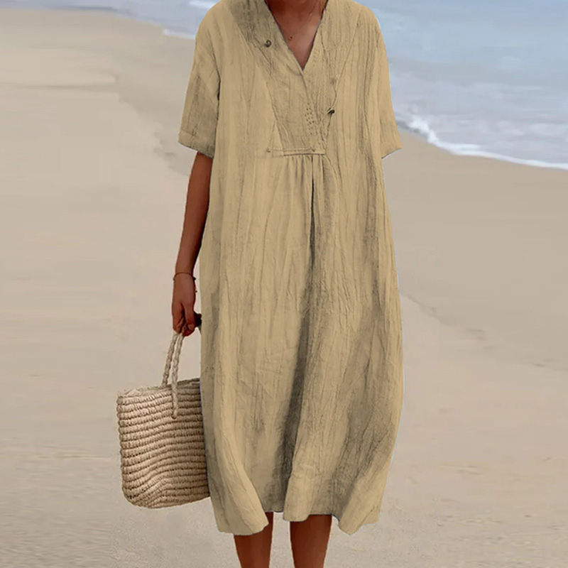 Casual V-neck Short Sleeve Pleated Long Dress Simple Solid Color Loose Women Dress 2023 Summer Beach Cotton Linen Dress Vestidos