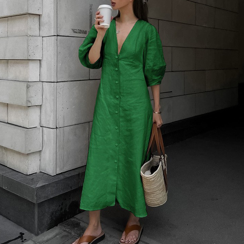 Summer Solid Color Elegant Party Dresses Cotton Linen Women's V-neck Loose Dress Casual Puff Sleeve Single Breasted Long Dress