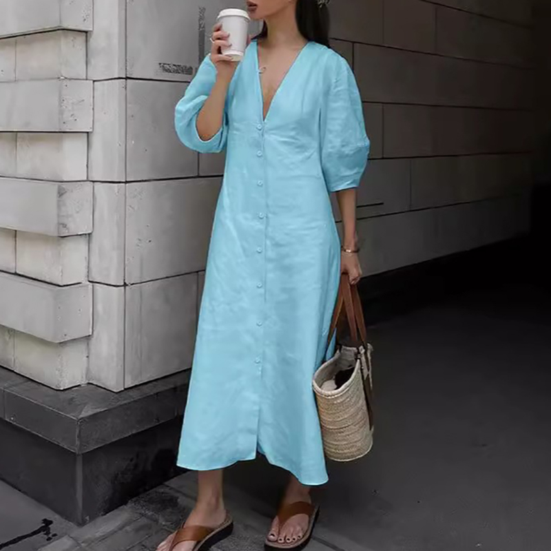 Summer Solid Color Elegant Party Dresses Cotton Linen Women's V-neck Loose Dress Casual Puff Sleeve Single Breasted Long Dress