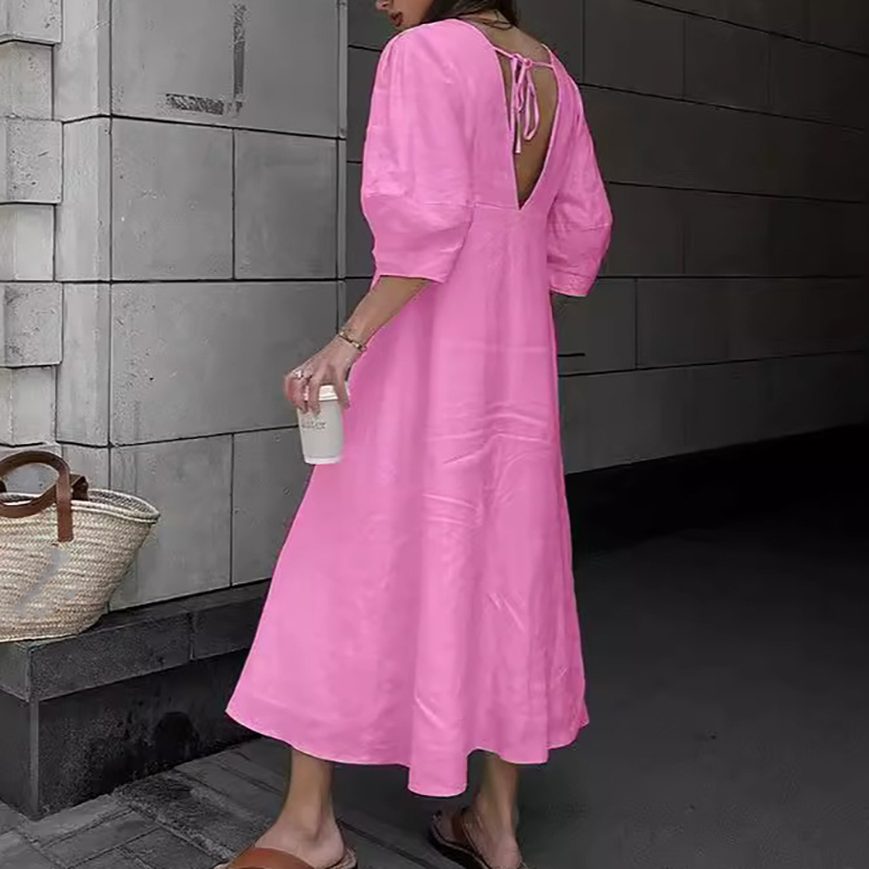 Summer Solid Color Elegant Party Dresses Cotton Linen Women's V-neck Loose Dress Casual Puff Sleeve Single Breasted Long Dress