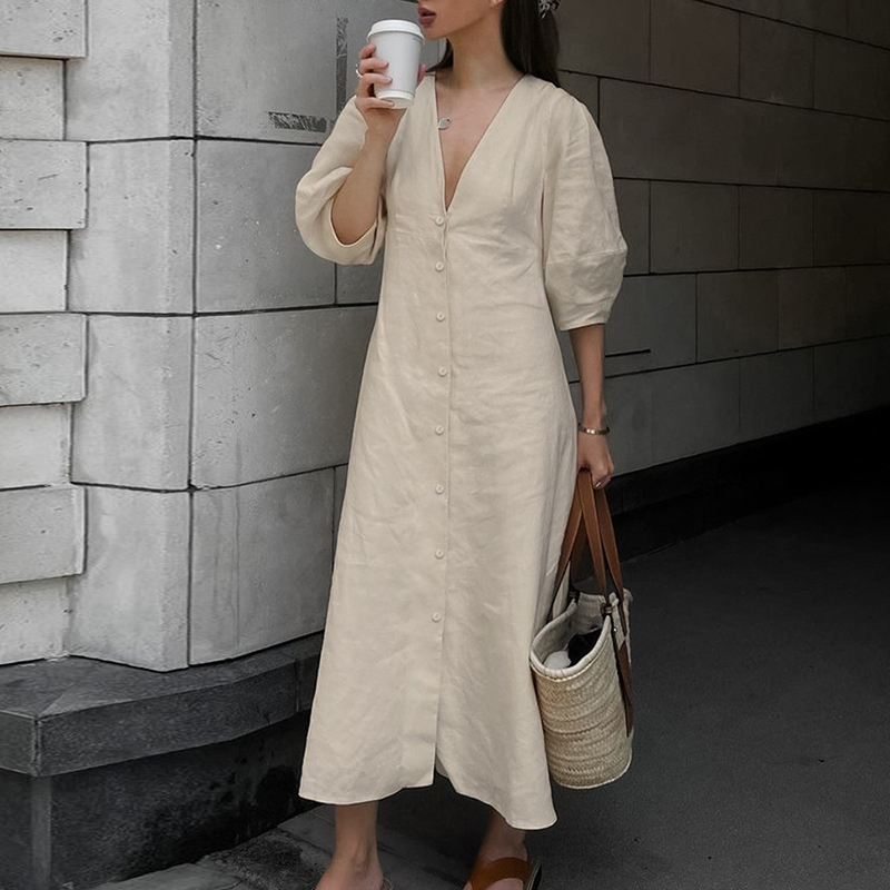 Summer Solid Color Elegant Party Dresses Cotton Linen Women's V-neck Loose Dress Casual Puff Sleeve Single Breasted Long Dress