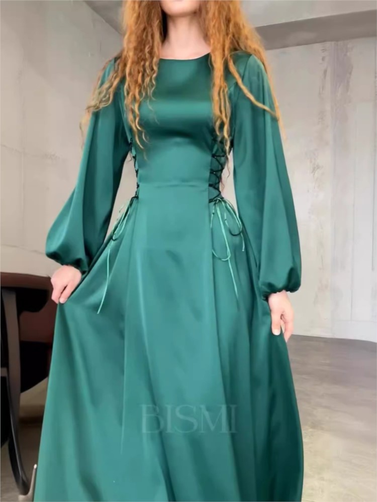 Autumn Lantern Sleeves Solid Midi Dresses for Women Lace-up O-neck A-line 2024 New Wedding Party Dress Prom Robe Retro Vestido