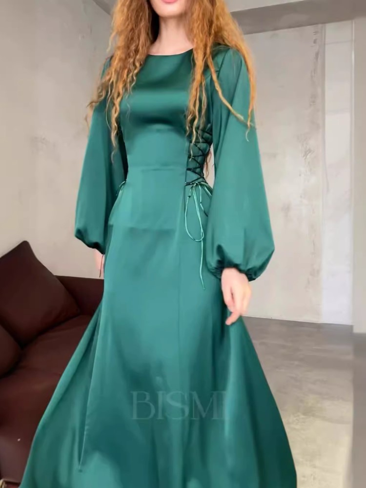 Autumn Lantern Sleeves Solid Midi Dresses for Women Lace-up O-neck A-line 2024 New Wedding Party Dress Prom Robe Retro Vestido