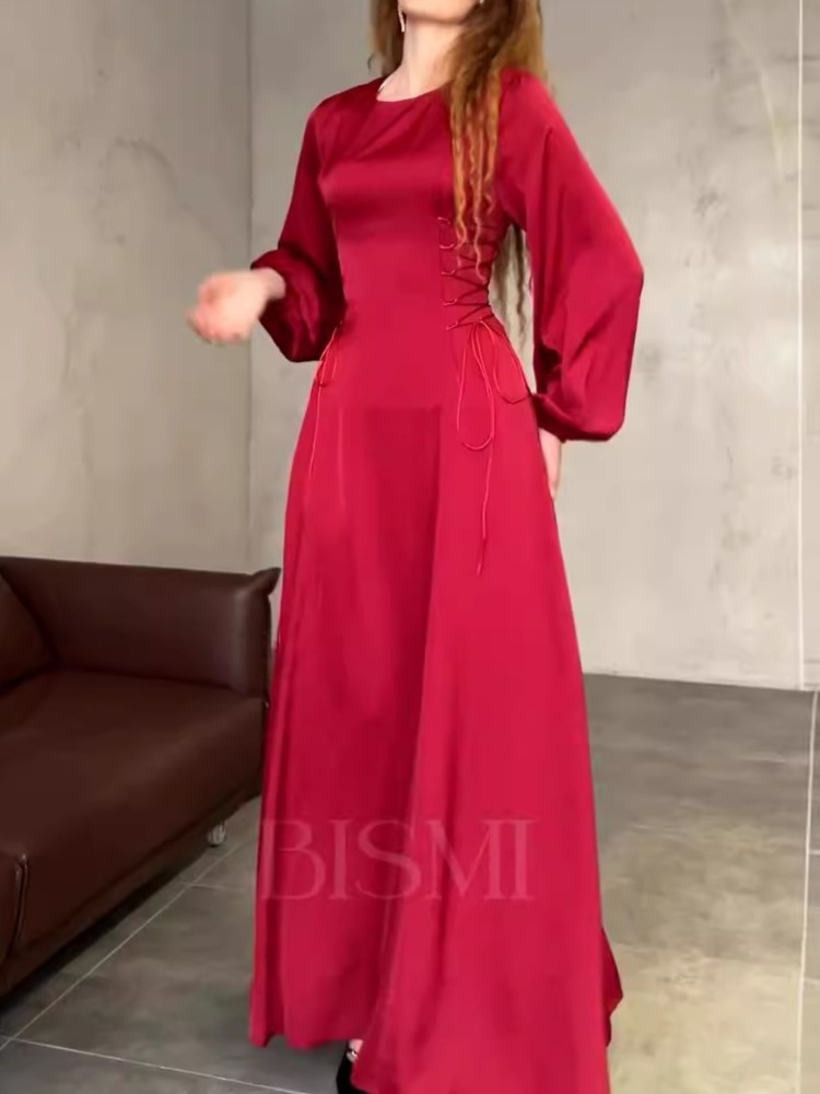 Autumn Lantern Sleeves Solid Midi Dresses for Women Lace-up O-neck A-line 2024 New Wedding Party Dress Prom Robe Retro Vestido