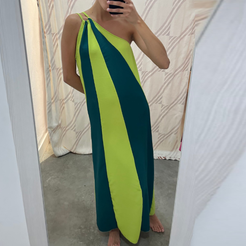 Summer Fashion Contrast Color Patchwork Long Dress Sexy Diagonal Neck Asymmetric Beach Dress Ladies Off Shoulder Holiday Dresses