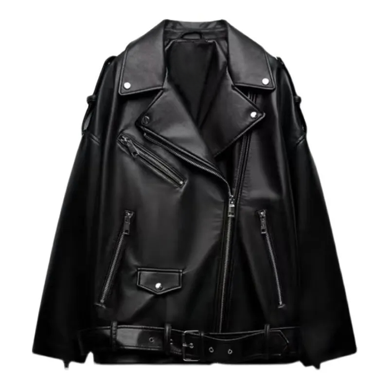 Black Leather Jacket Women Spring Gothic Racing Jackets Vintage Long Sleeve Lapel PU Jacket Female Motorcycle Coats Streetwear