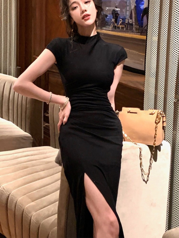 Women's Elegant Summer 2024 Sexy Bodycon Dress Solid High Split Short Sleeve Evening Party Dresses Prom Robe Vestidos Rapo Mujer