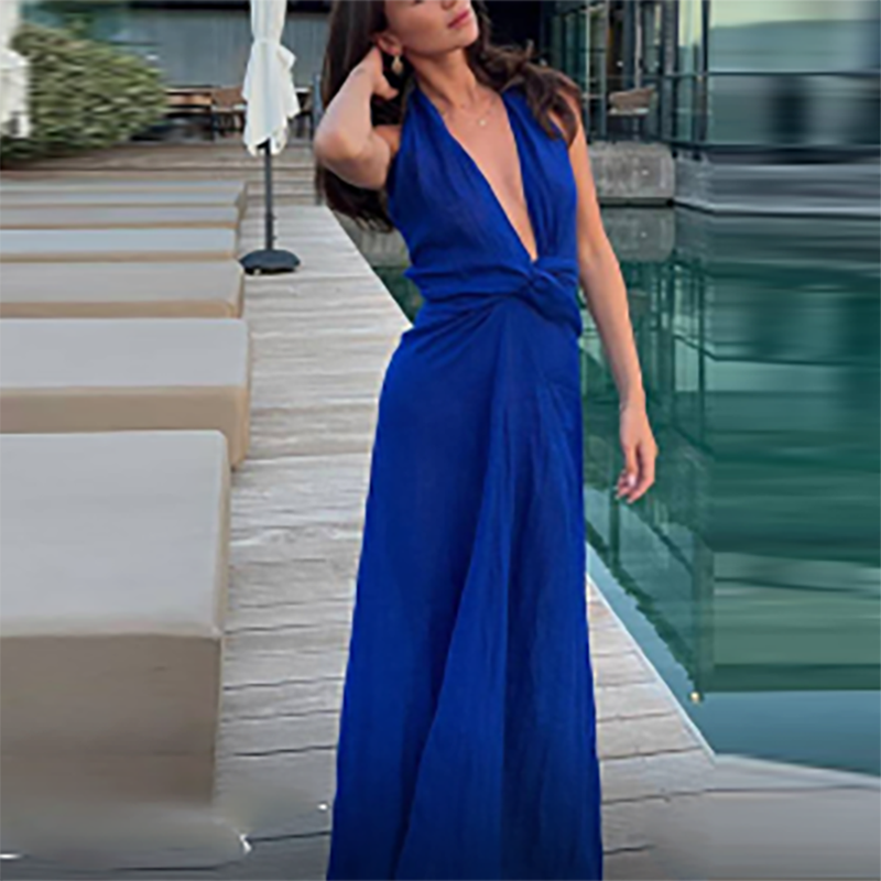 Fashion Halter Hollow Out Evening Dress Summer Blue Casual Sleeveless High Waist Long Dress Ladies Elegant Pleated Holiday Dress