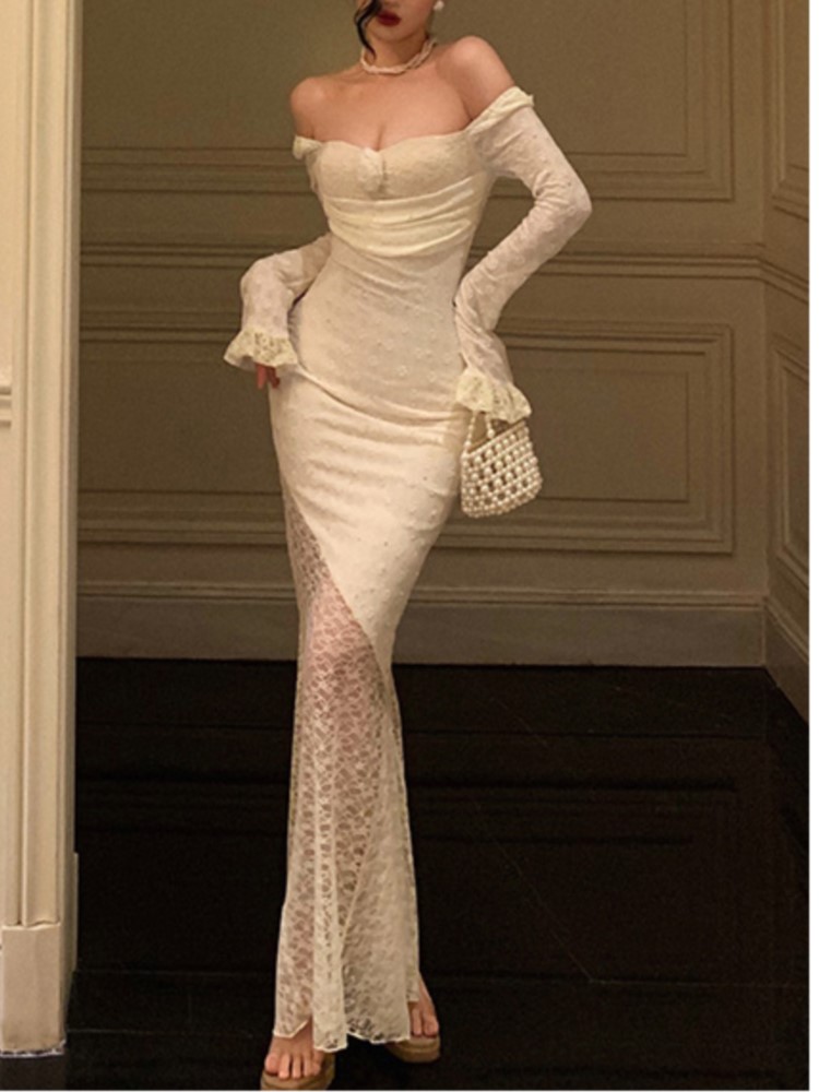 Sexy Solid Lace Long Dresses For Women Off Shoulder Bodycon Mermaid Autumn Spring Birthday Evening Party Prom Robe Vestidos New