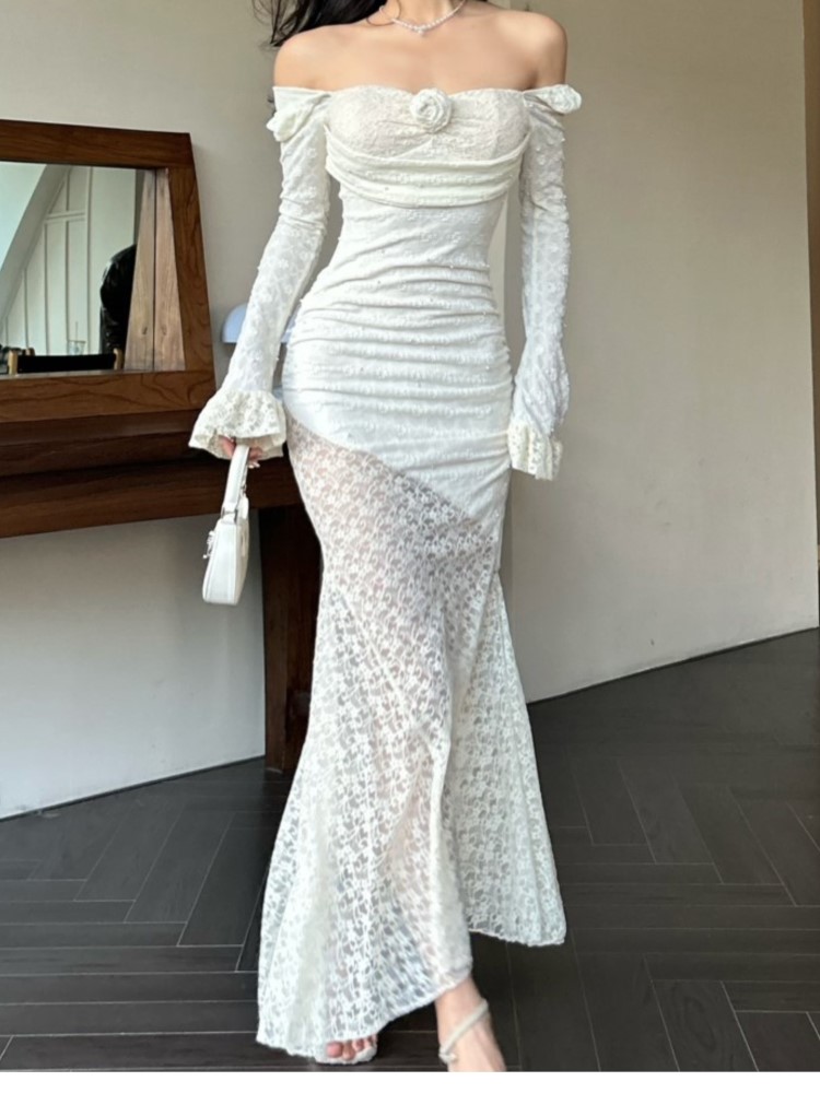 Sexy Solid Lace Long Dresses For Women Off Shoulder Bodycon Mermaid Autumn Spring Birthday Evening Party Prom Robe Vestidos New