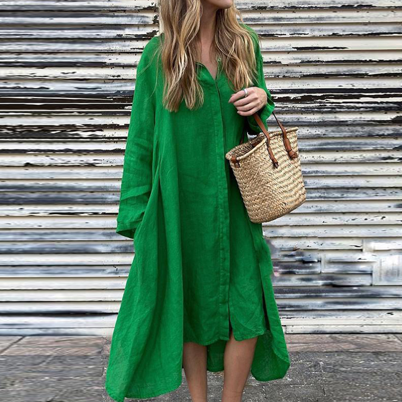 Women Elegant Single Breasted Solid Color Shirt Dress Fashion Pocket Pleated Loose Dress Casual Lapel Long Sleeved Autumn Dress