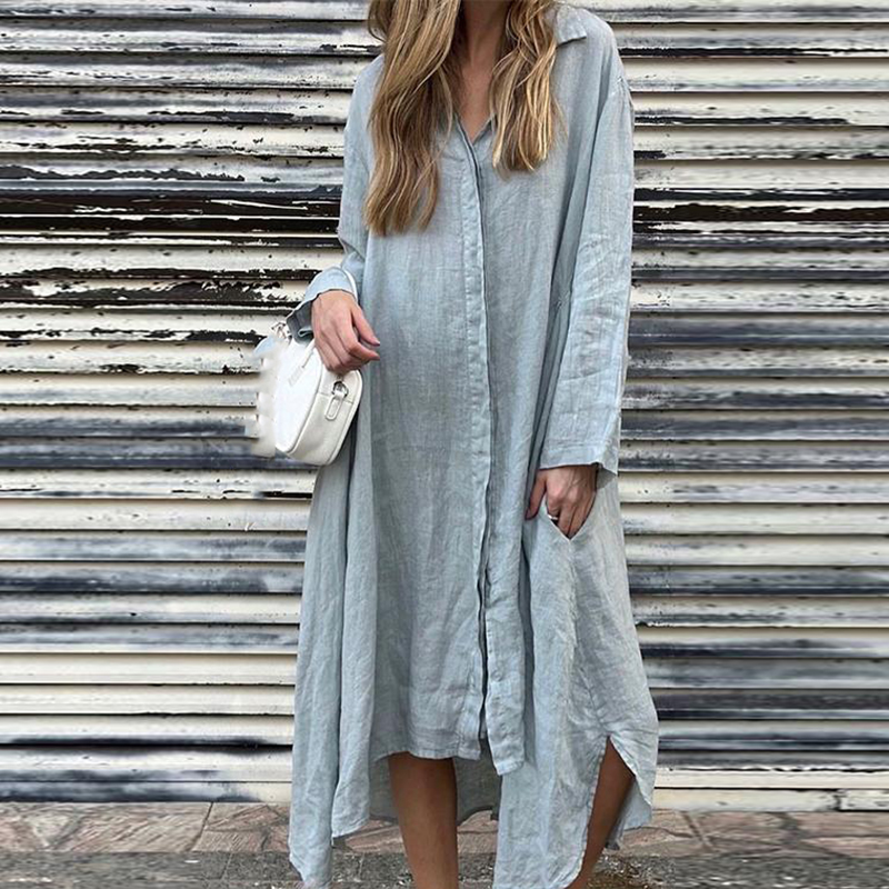 Women Elegant Single Breasted Solid Color Shirt Dress Fashion Pocket Pleated Loose Dress Casual Lapel Long Sleeved Autumn Dress