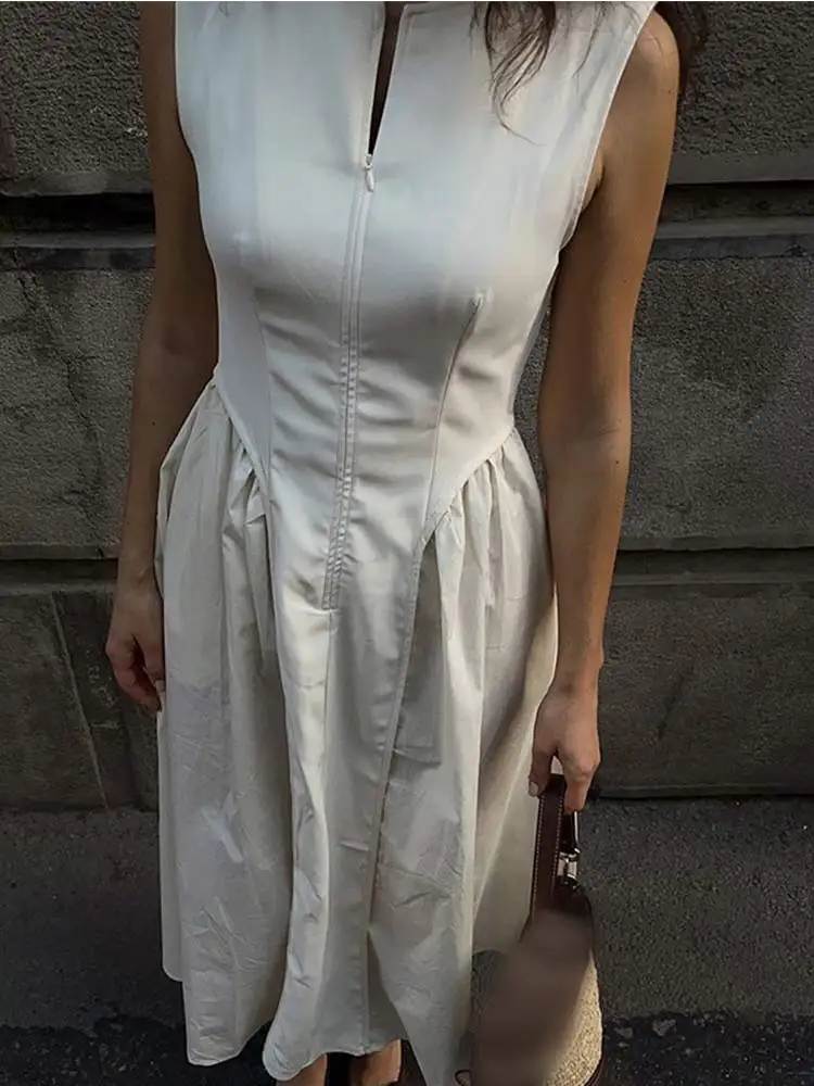 Elegant O Neck Patchwork Pleated Dress Women Fashion Loose Solid Sleeveless Midi Dresses Summer New Office Lady Street Robes