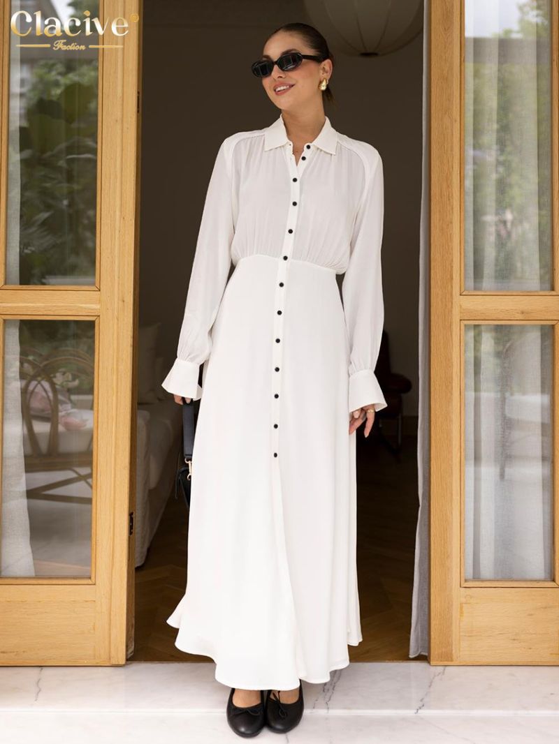 Clacive Fashion Loose White Women's Dress 2024 Casual Lapel Long Sleeve Ankle Length Dresses Elegant Classic Slit Female Dress