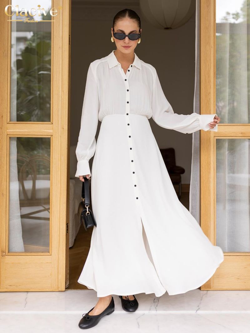 Clacive Fashion Loose White Women's Dress 2024 Casual Lapel Long Sleeve Ankle Length Dresses Elegant Classic Slit Female Dress