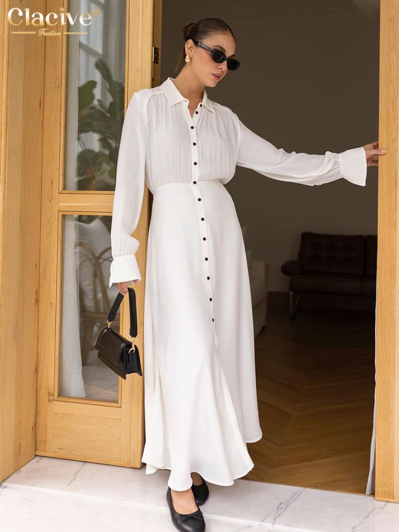 Clacive Fashion Loose White Women's Dress 2024 Casual Lapel Long Sleeve Ankle Length Dresses Elegant Classic Slit Female Dress