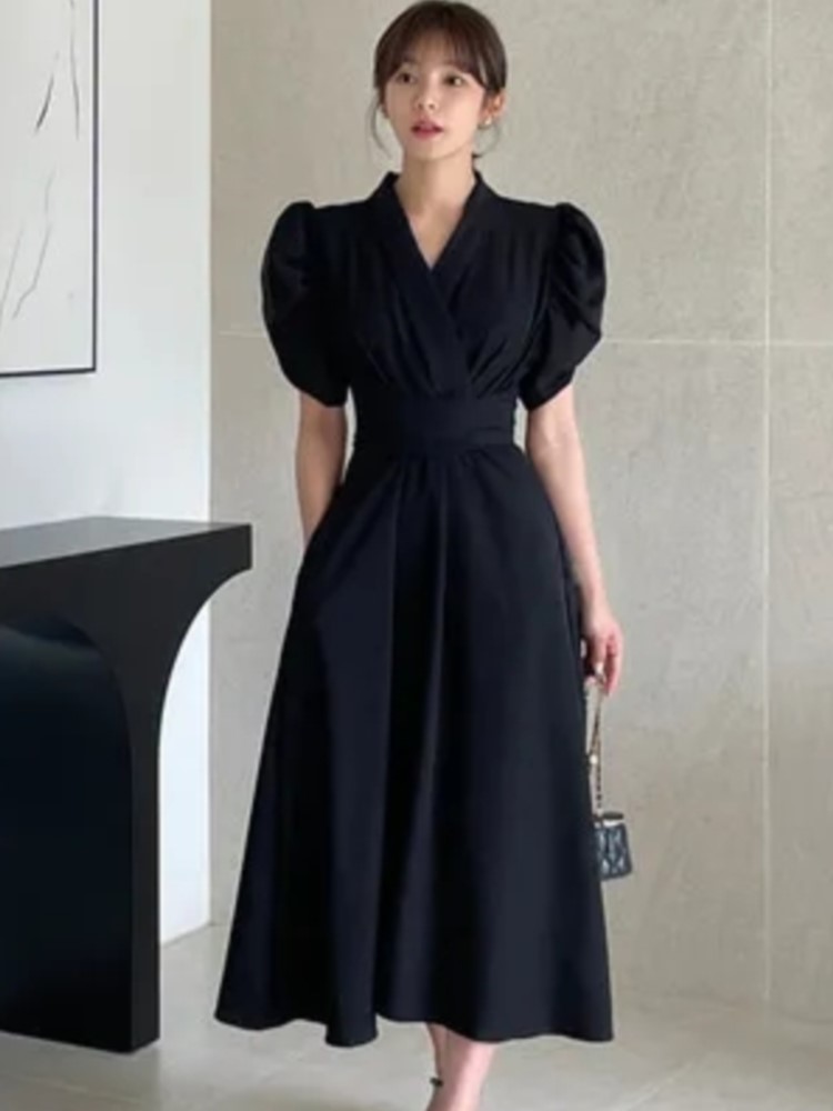 Office Lady Korean Chic Solid Midi Dresses for Women Puff Sleeve V-neck A-line Casual Dress with Pockets New Vestidos Clothing