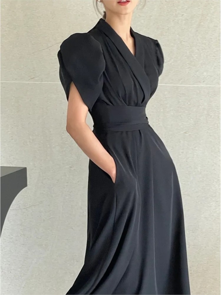 Office Lady Korean Chic Solid Midi Dresses for Women Puff Sleeve V-neck A-line Casual Dress with Pockets New Vestidos Clothing