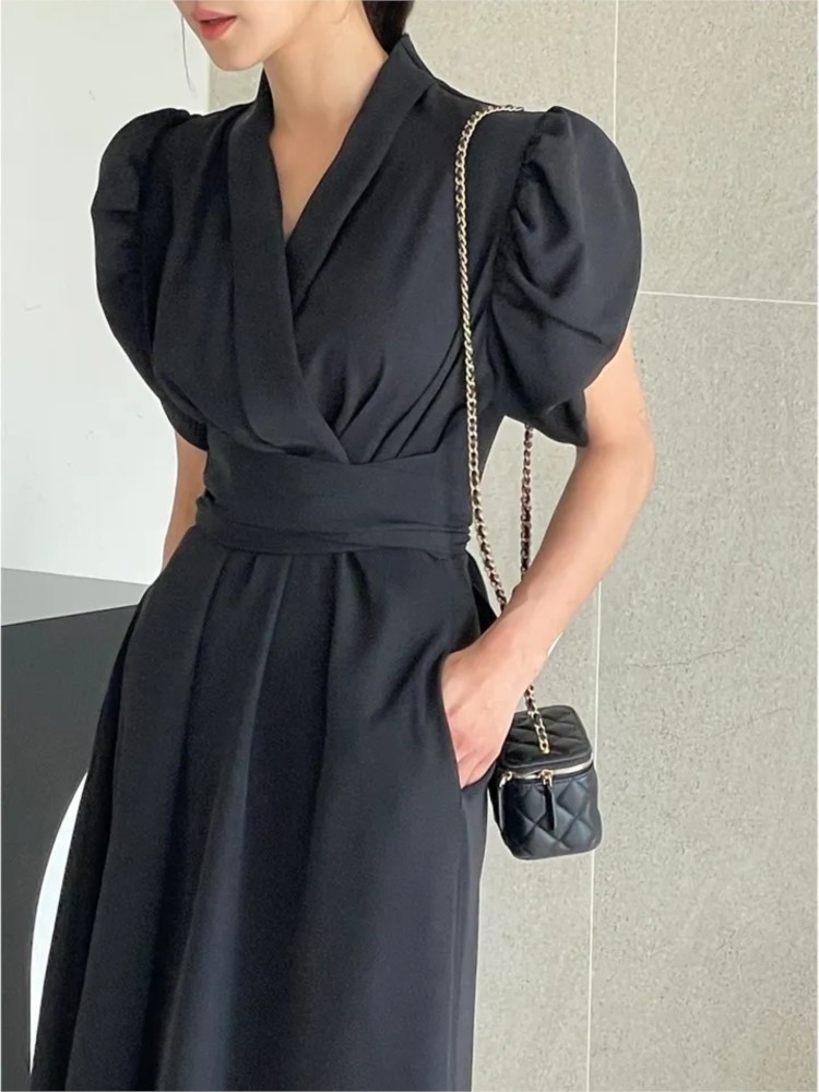 Office Lady Korean Chic Solid Midi Dresses for Women Puff Sleeve V-neck A-line Casual Dress with Pockets New Vestidos Clothing