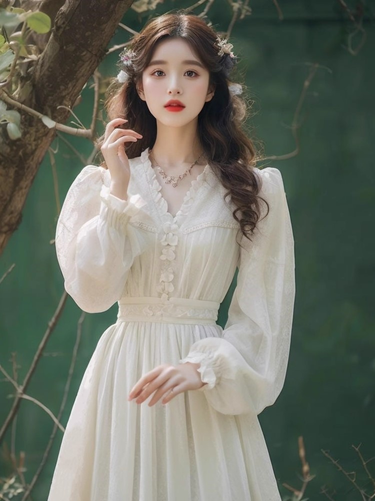 French Vintage Princess White Dresses for Women Long Sleeves Ruffles V-neck High Waist Autumn Korean Fashion One Piece Vestidos