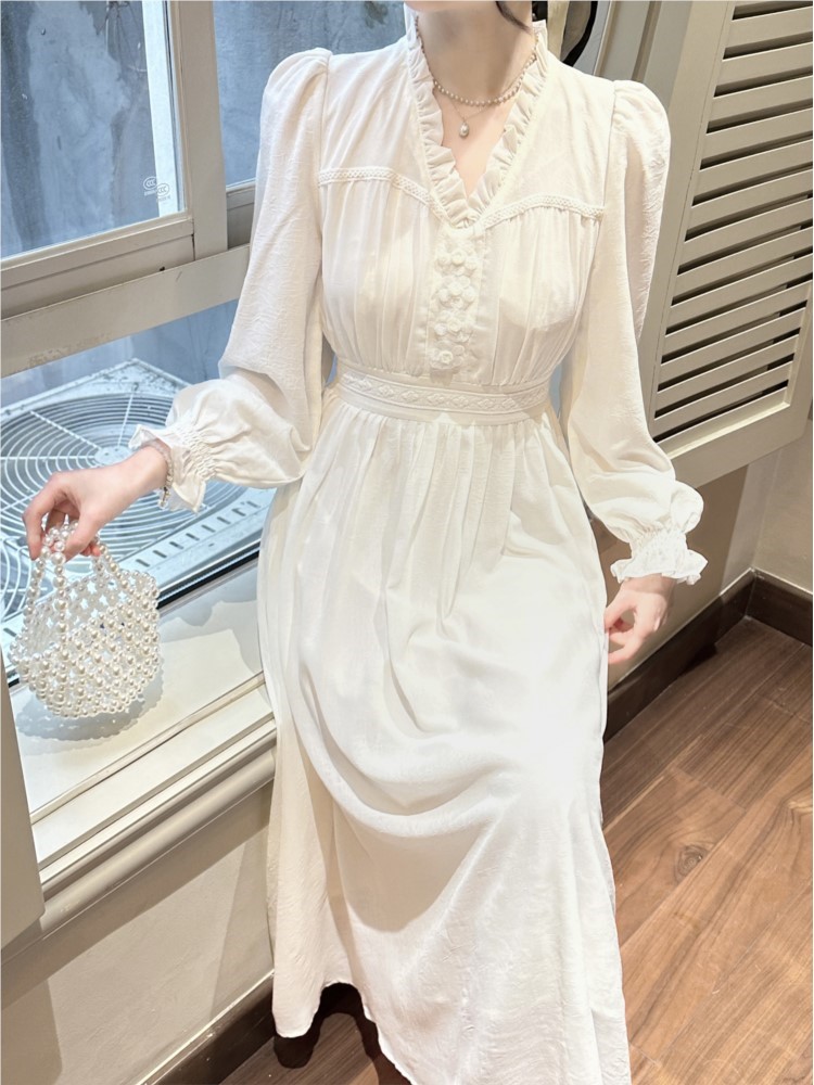 French Vintage Princess White Dresses for Women Long Sleeves Ruffles V-neck High Waist Autumn Korean Fashion One Piece Vestidos