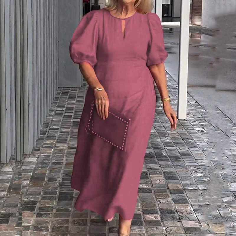 Vintage O Neck Puff Sleeves Women Party Dress New 2024 Multi Color Loose Office Dress Casual High Waist Summer Long Dress Mujer