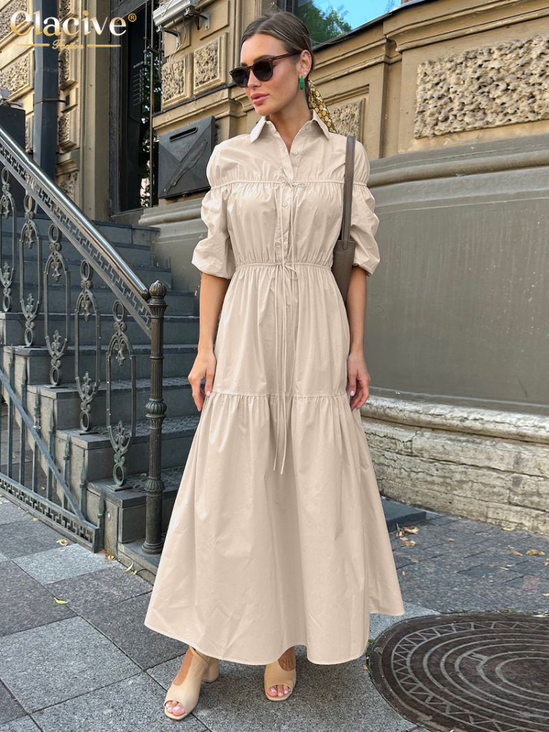 Clacive Fashion Loose Brown Office Women's Dress 2024 Summer Lapel Half Sleeve Ankle Length Dresses Elegant Classic Female Dress