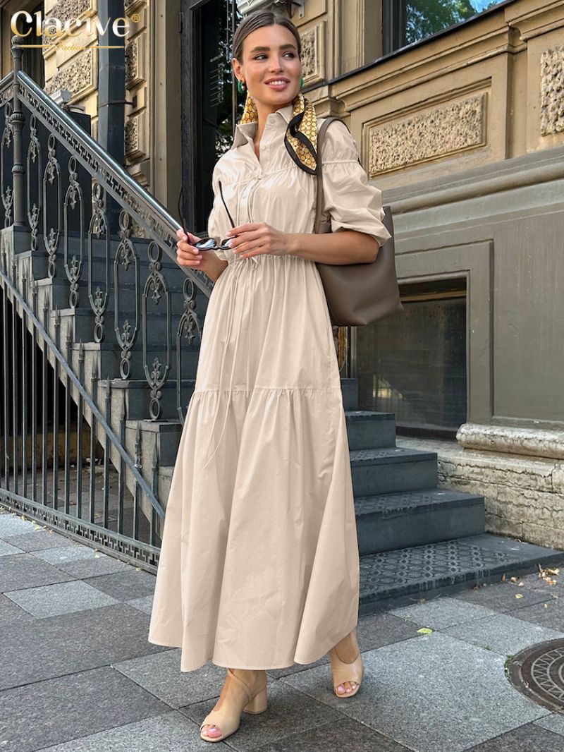 Clacive Fashion Loose Brown Office Women's Dress 2024 Summer Lapel Half Sleeve Ankle Length Dresses Elegant Classic Female Dress