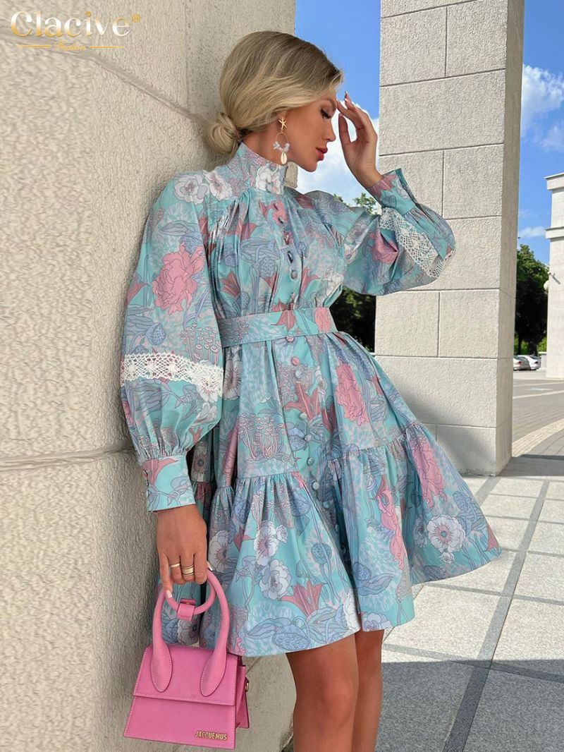 Clacive Fashion Loose Print Women's Dress Vintage Stand Collar Long Sleeve Mini Dresses Elegant High Waist Pleated Female Dress