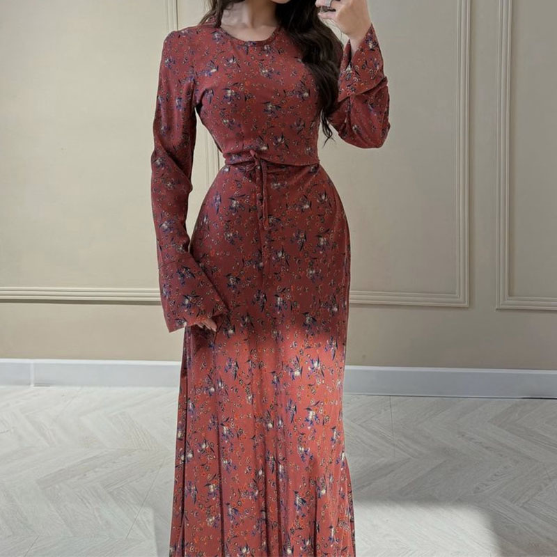 2024 New Autumn Vintage Floral Print Long Dress Women Elegant O Neck Lace Up Party Dress Casual Flared Sleeve Pleated Maxi Dress