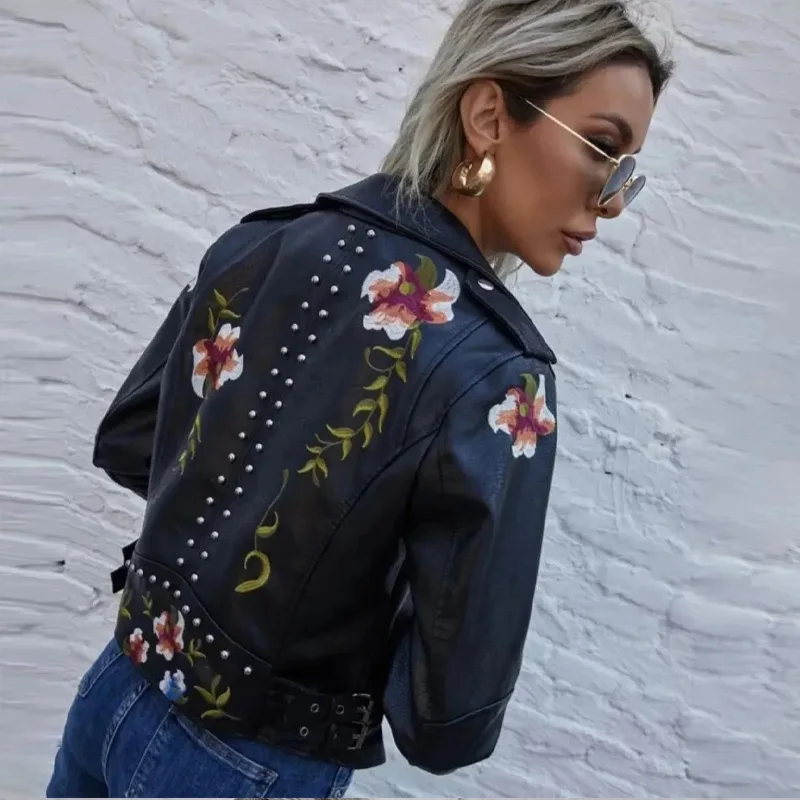 Women's Pu Leather Embroidery Rivet Jacket Female Chic Lapel Long Sleeves Bomber Jackets Metal Motorcycle Coat Outwear Coats