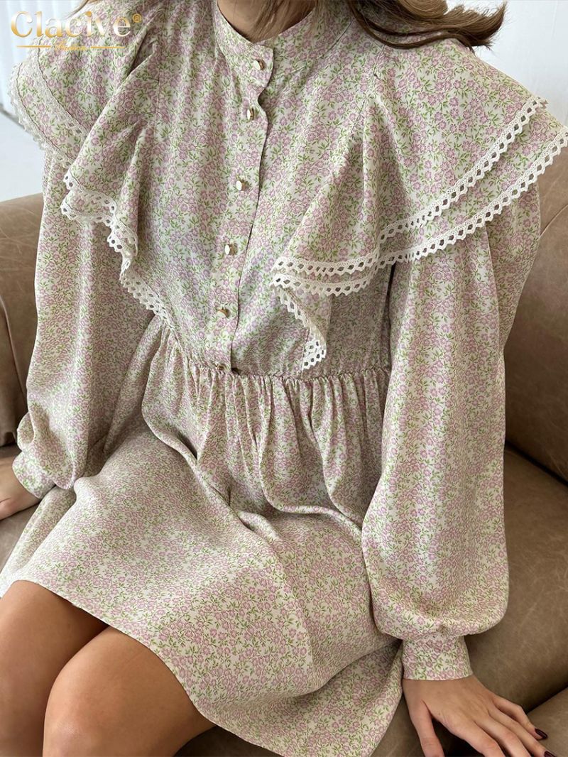 Clacive Fashion Loose Print Women's Dress Vintage Stand Collar Long Sleeve Mini Dresses Elegant High Waist Ruffle Female Dress