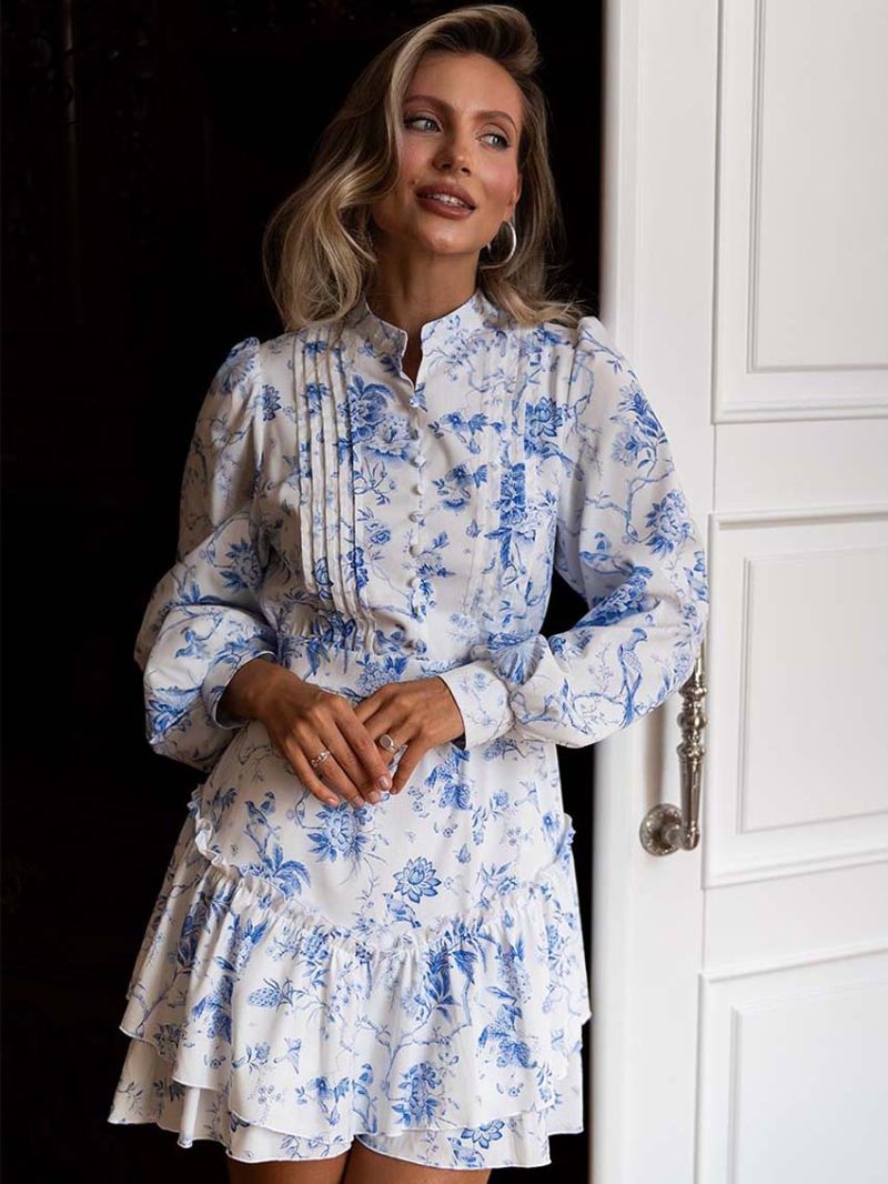 Oymimi Casual White Print Women's Dress Fashion Stand Collar Long Sleeve Button Dresses Elegant High Waist Pleated Mini Dresses