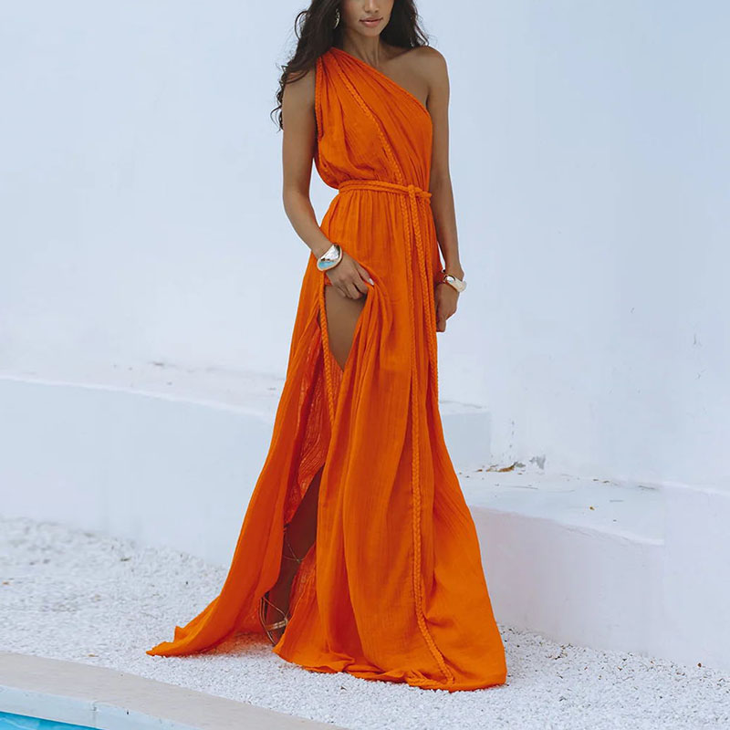 New Beach Strap Split Long Dress Sexy Hollow Off Shoulder Solid Party Dress Women's Fashion Diagonal Neck Bikini Cover Up Dress