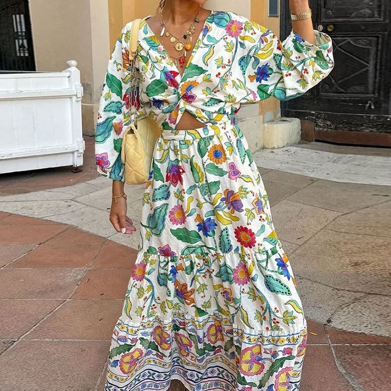 Fashion Hollow High Waist Long Dress Elegant Pleated Party Long Dresses 2024 Flower Printed Loose Women's V-neck Dress Vestidos