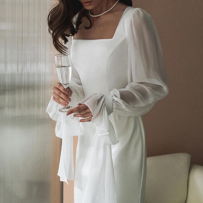 White Mesh Flared Sleeve Patchwork Evening Dress Women Elegant Square Neck Slim Long Dress Casual Temperament High Waist Dresses