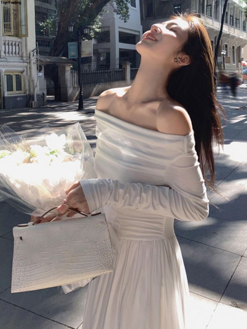 Autumn Fashion White Knitted Dress Women Elegant Sexy Off Shoulder Slim A-Line Robe Korean Spring Casual Long Sleeve Clothing