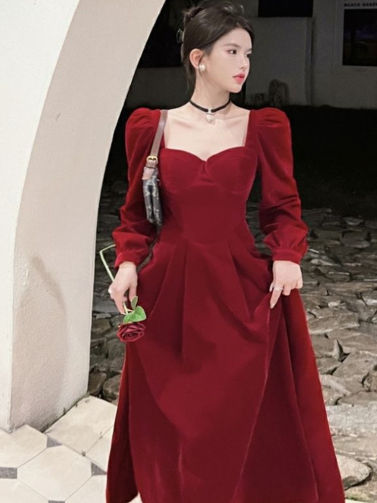 Autumn Elegant Black Velvet Dresses for Women Long Sleeve Square Collar A-line Evening Party Dress Prom Robe Vestidos Mujer New