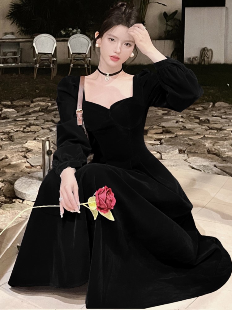 Autumn Elegant Black Velvet Dresses for Women Long Sleeve Square Collar A-line Evening Party Dress Prom Robe Vestidos Mujer New