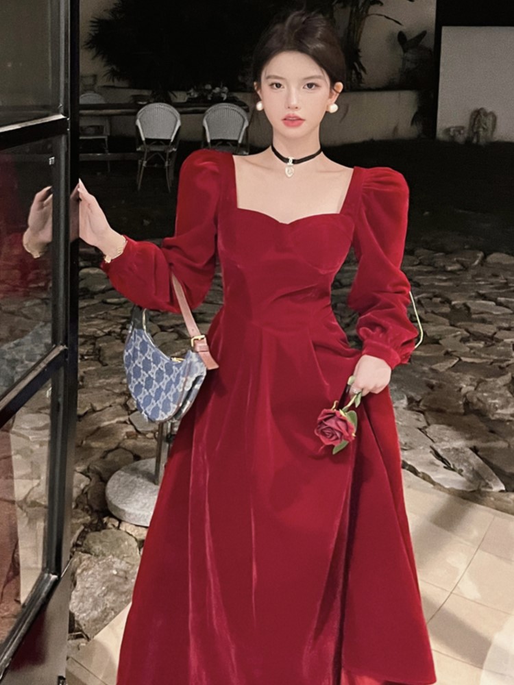 Autumn Elegant Black Velvet Dresses for Women Long Sleeve Square Collar A-line Evening Party Dress Prom Robe Vestidos Mujer New