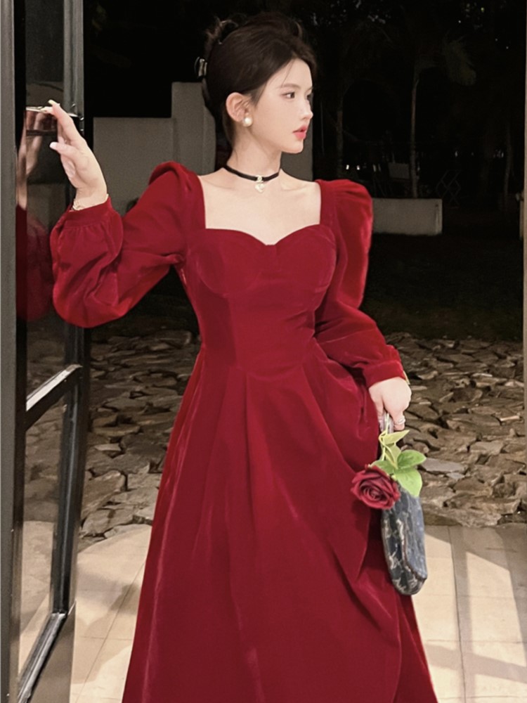 Autumn Elegant Black Velvet Dresses for Women Long Sleeve Square Collar A-line Evening Party Dress Prom Robe Vestidos Mujer New