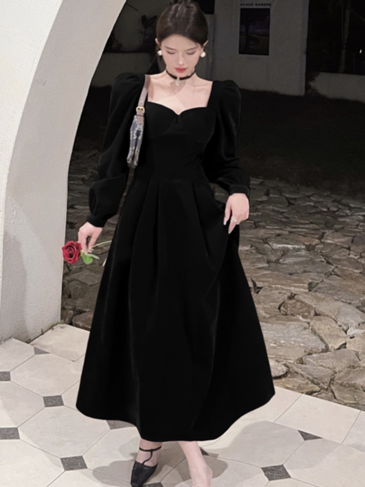 Autumn Elegant Black Velvet Dresses for Women Long Sleeve Square Collar A-line Evening Party Dress Prom Robe Vestidos Mujer New