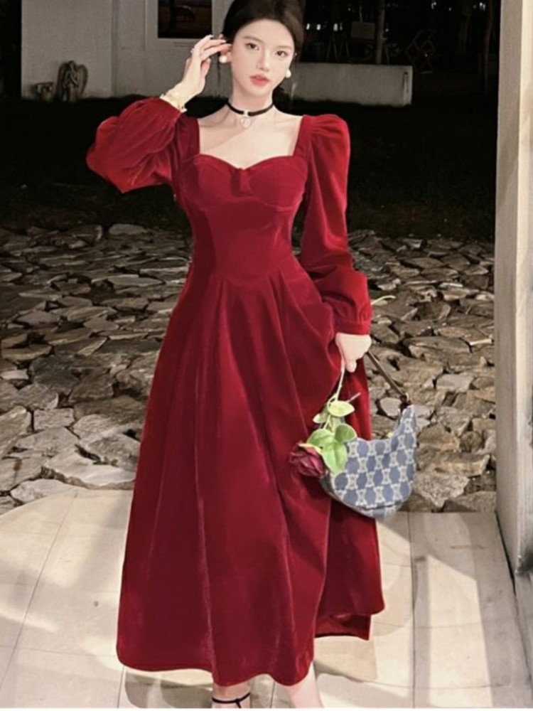 Autumn Elegant Black Velvet Dresses for Women Long Sleeve Square Collar A-line Evening Party Dress Prom Robe Vestidos Mujer New