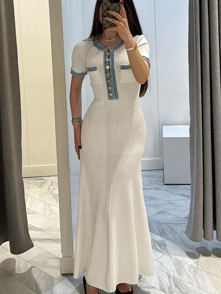 Women Lapel Denim Patchwork Knitted Long Dress Elegant Slim V Neck Short Sleeve Dresses 2024 Summer Chic Office Lady Robes