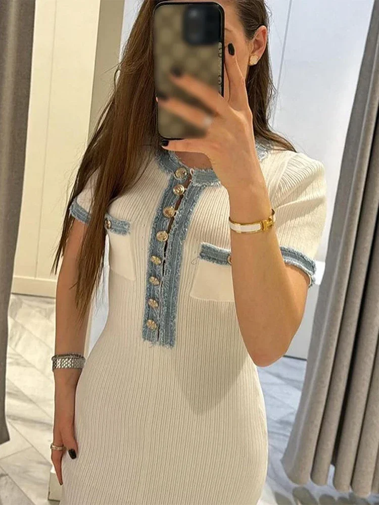 Women Lapel Denim Patchwork Knitted Long Dress Elegant Slim V Neck Short Sleeve Dresses 2024 Summer Chic Office Lady Robes