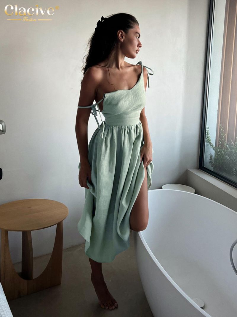 Clacive Fashion Loose Print Women's Dress 2024 Sexy Halter Sleeveless Ankle Length Dresses Elegant Classic Backless Female Dress